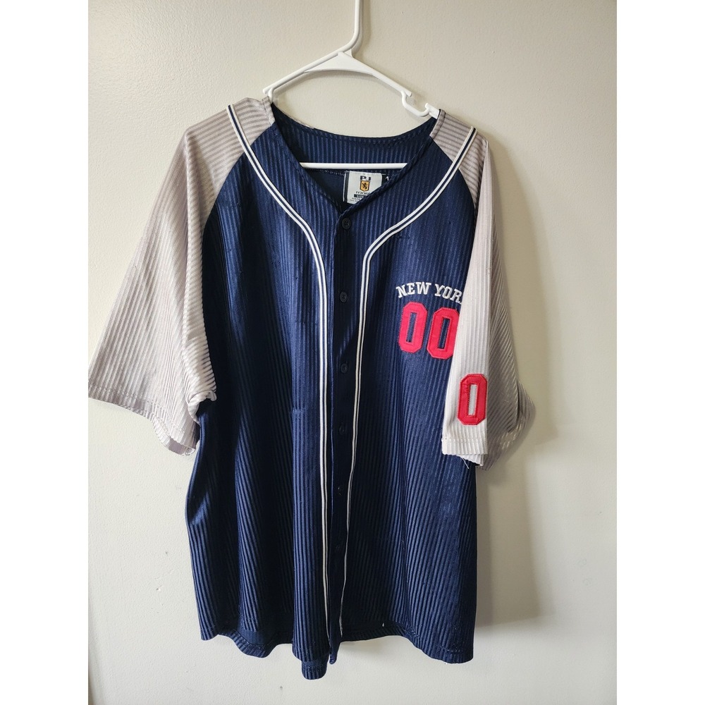 PJ Mark New York 00 Baseball Jersey Navy Blue Grey Striped Mens XXXL 3XL